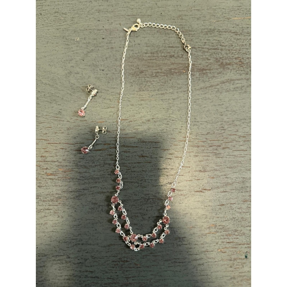 vintage Silver Tone Pink Rhinestone Double Strand Necklace Dangle Earring Set